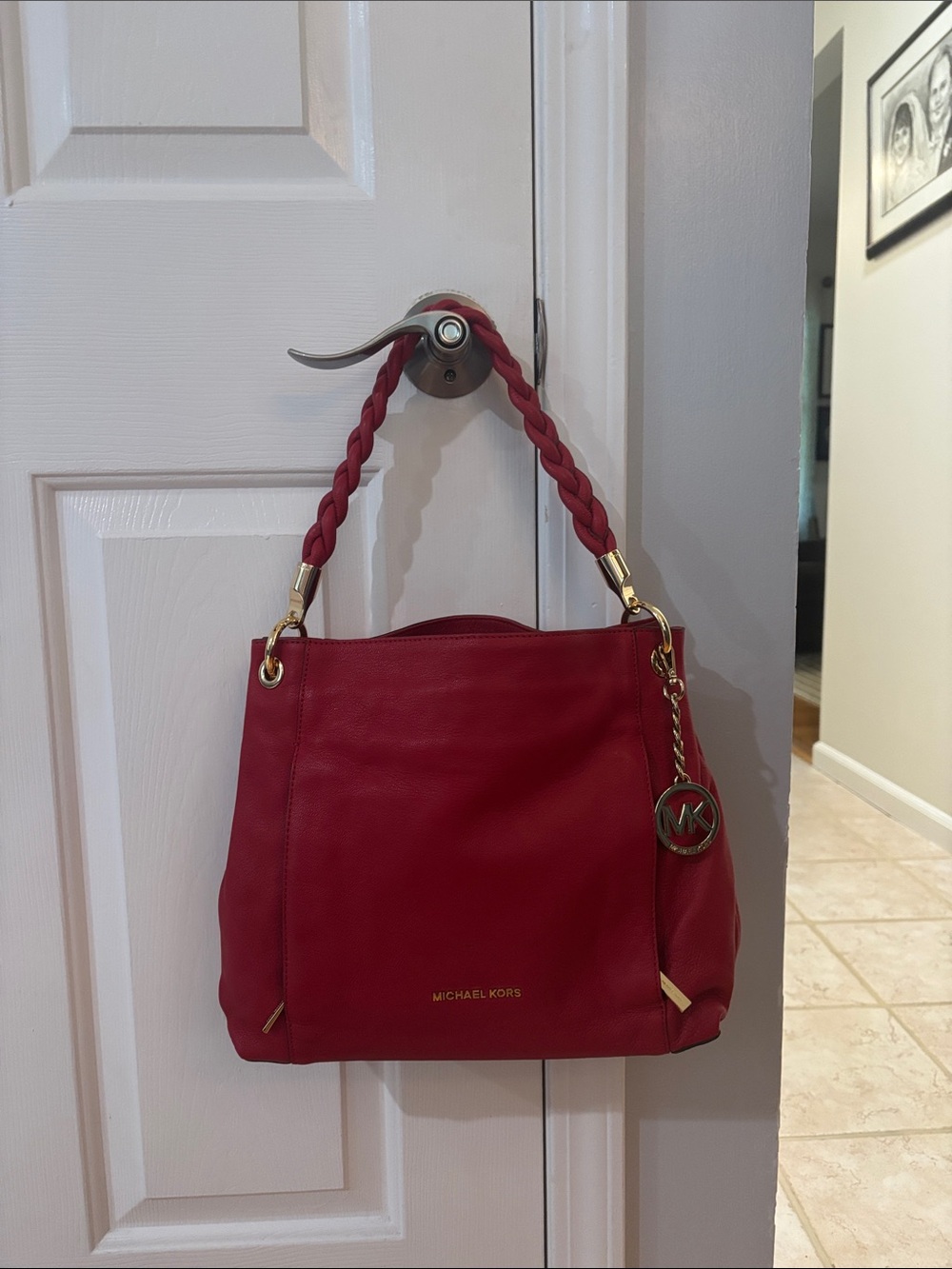 Michael Kors Braided-Handle Red Leather Shoulder Bag with MK Charm